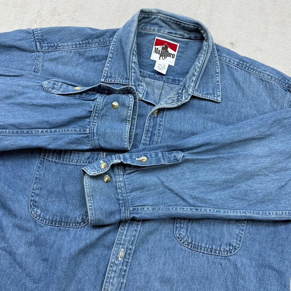 Vintage Marlboro Denim Shirt Mens L Blue Vintage Adventure Team Western Made USA